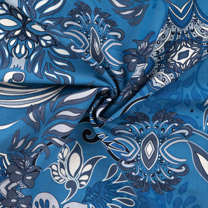 Image with viscose and cotton fabric - blue arabesque - available online at Šarlotes audumi