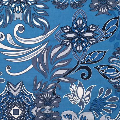 Image of viscose and cotton fabric in blue arabesque — available online at Charlotte's Fabrics