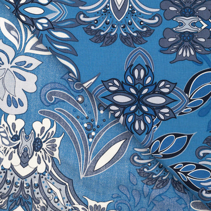 Viscose and cotton fabric with blue arabesque, available online at Šarlotes audumi
