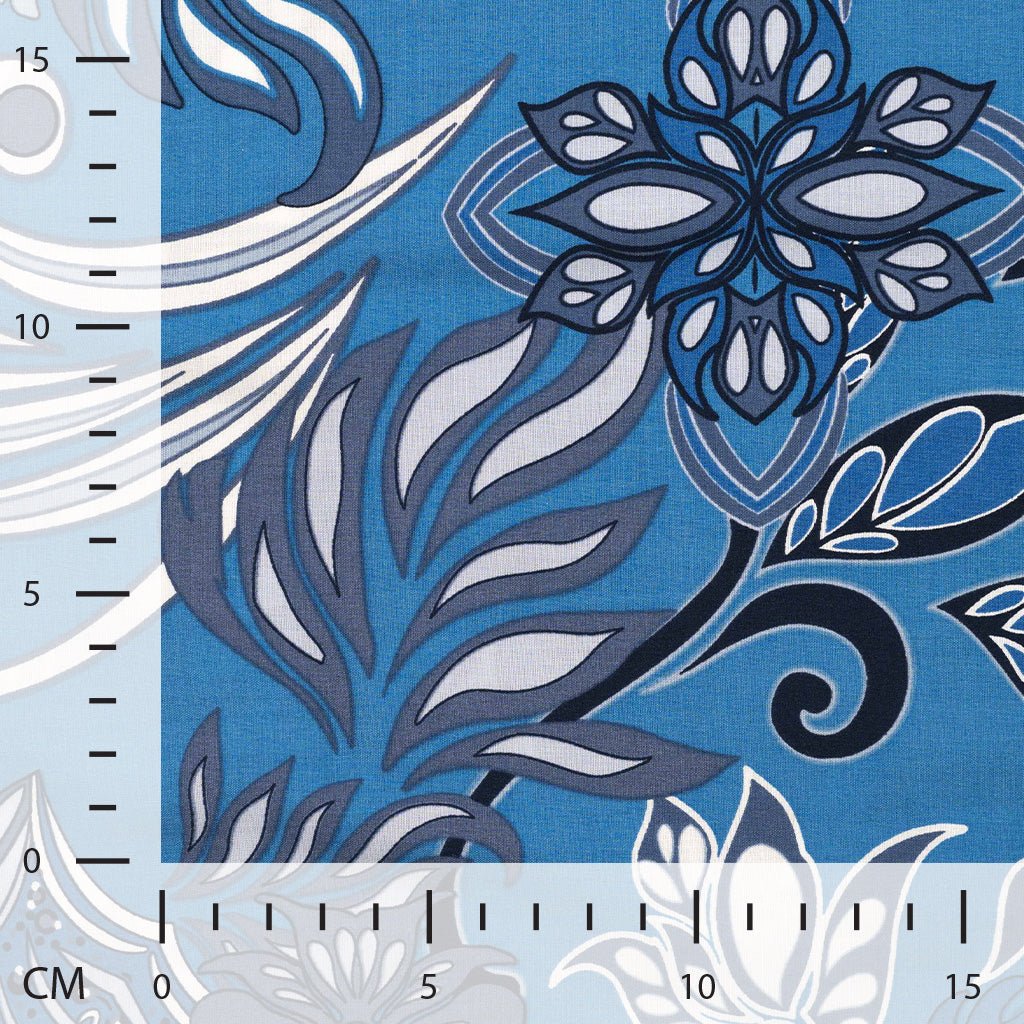 Image of viscose and cotton fabric in blue arabesque, available online at Šarlotes audumi