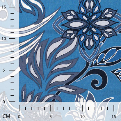 Image of viscose and cotton fabric in blue arabesque, available online at Šarlotes audumi