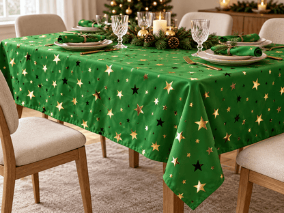 Image of Christmas fabric with gold stars on green – available online at Charlotte's Fabrics