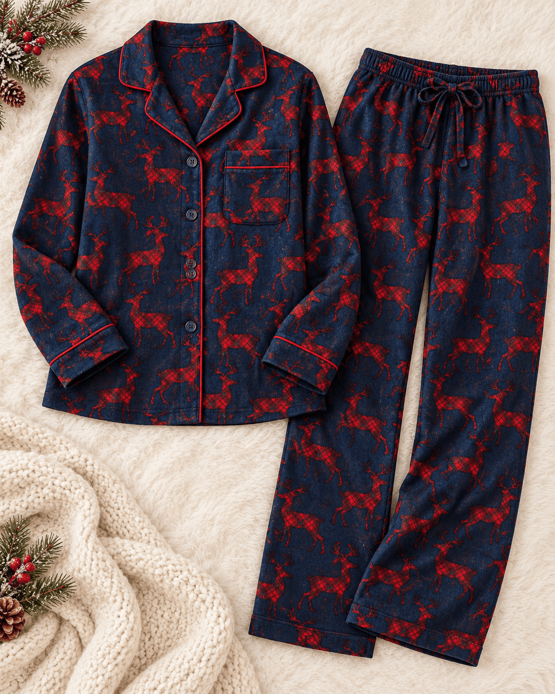 Christmas cotton flannel with reindeer on blue - available online at Charlotte's Fabrics