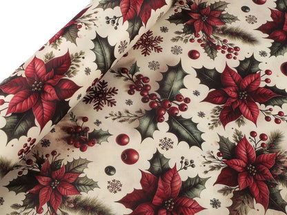 Image of Christmas satin fabric with poinsettias – available online at Charlotte's Fabrics
