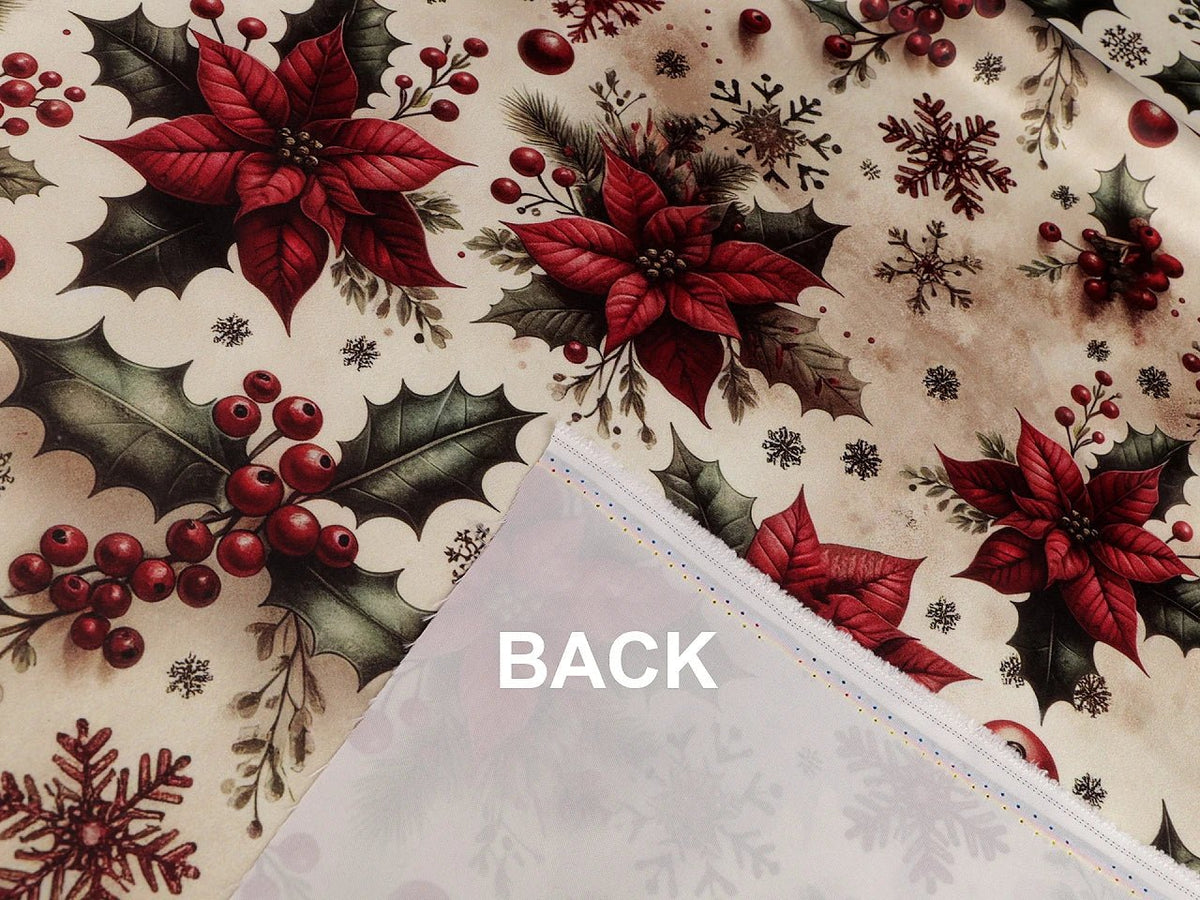 Image of Christmas satin fabric with poinsettias – available online at Charlotte's Fabrics