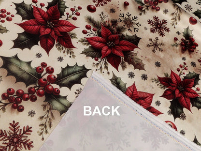 Image of Christmas satin fabric with poinsettias – available online at Charlotte's Fabrics