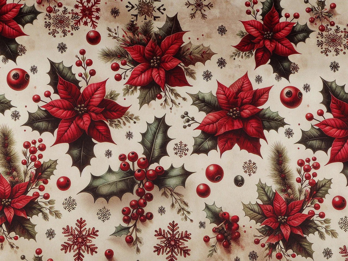 Image of Christmas satin fabric with poinsettias – available online at Charlotte's Fabrics