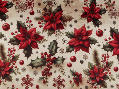 Image of Christmas satin fabric with poinsettias – available online at Charlotte's Fabrics