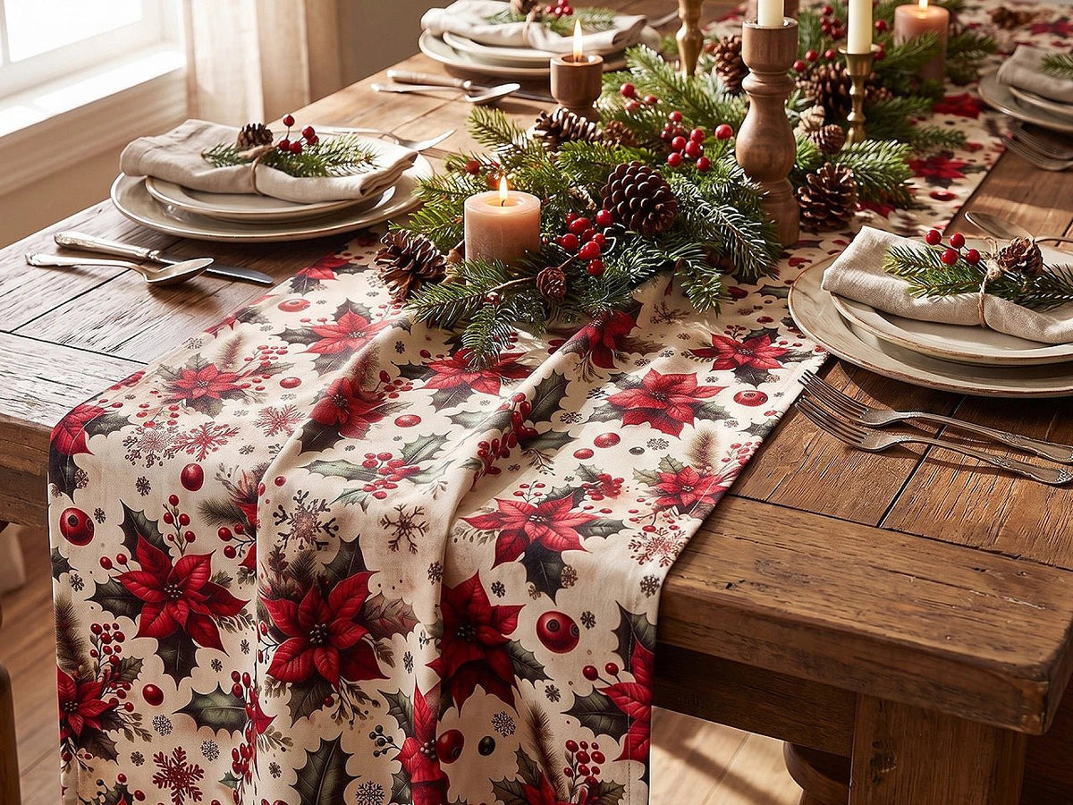 Image of Christmas satin fabric with poinsettias – available online at Charlotte's Fabrics