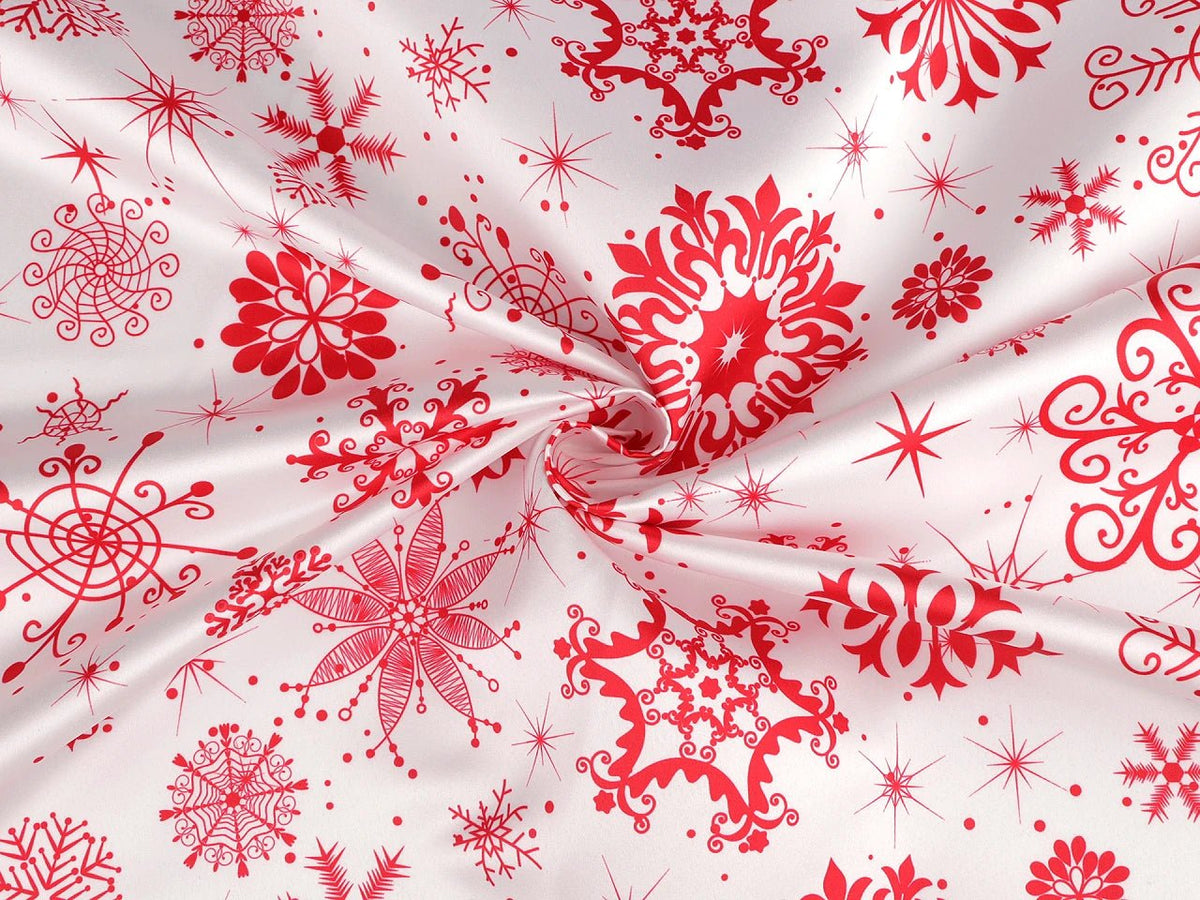 Image of Christmas satin fabric with snowflakes – available online at Šarlotes audumi