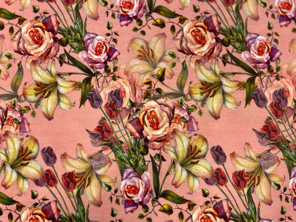 Dünner Baumwolljersey mit Rosen und Lilien 220 g/m²